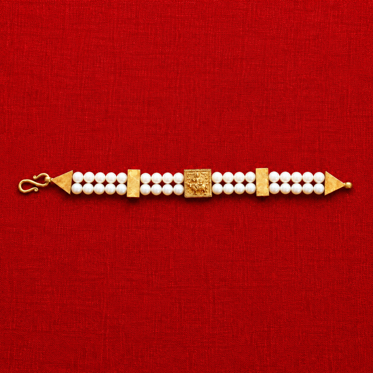 Vishnumaya White Pearl Double-Strand Bracelet with Gold Centerpiece | Handmade Spiritual Devotional Jewelry