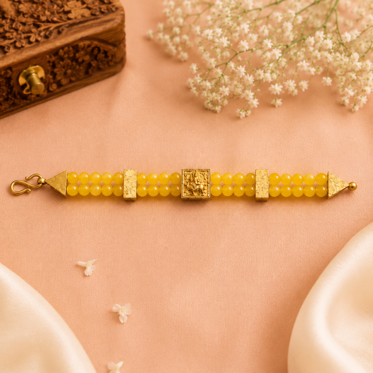 Vishnumaya Yellow Jade Double-Strand Bracelet with Gold Centerpiece | Handmade Spiritual Protection Bracelet