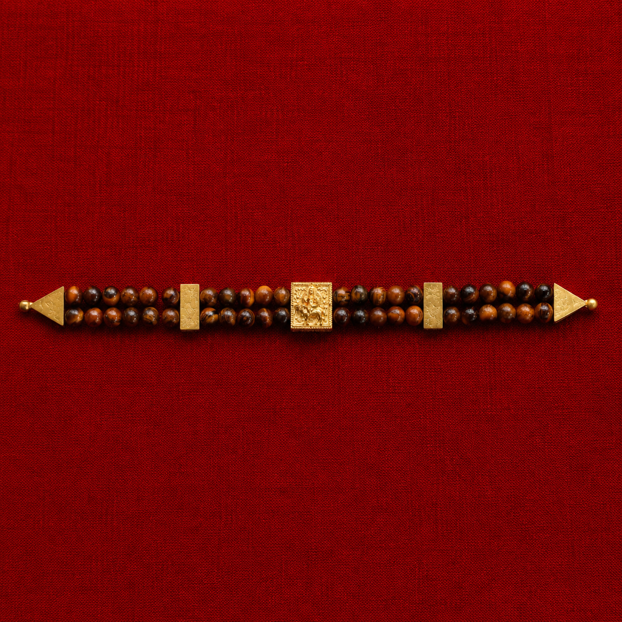 Vishnumaya Tiger Eye Double-Strand Bracelet with Gold Centerpiece | Handmade Spiritual Protection Bracelet
