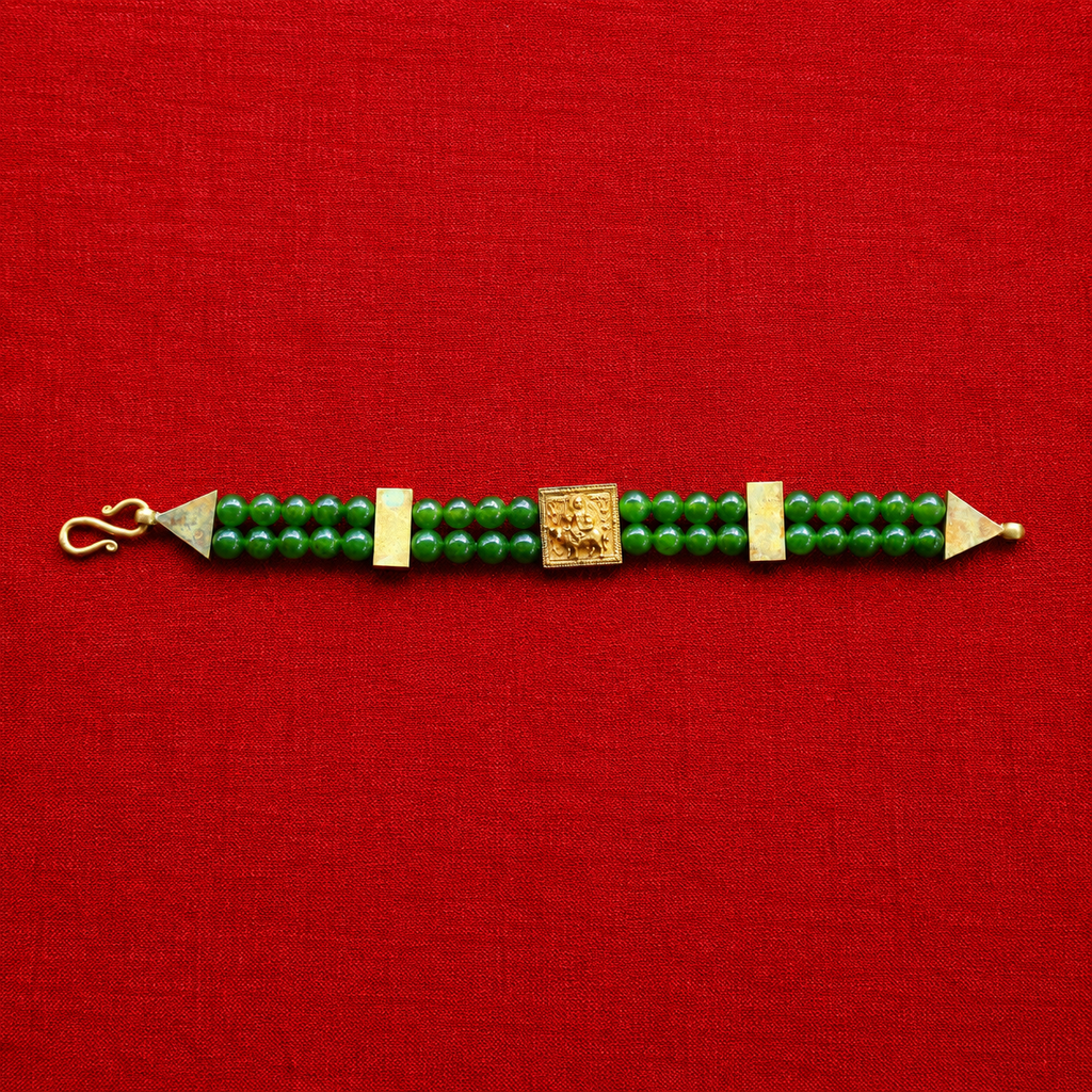 Vishnumaya Green Jade Double-Strand Bracelet with Gold Centerpiece | Handmade Spiritual Protection Bracelet