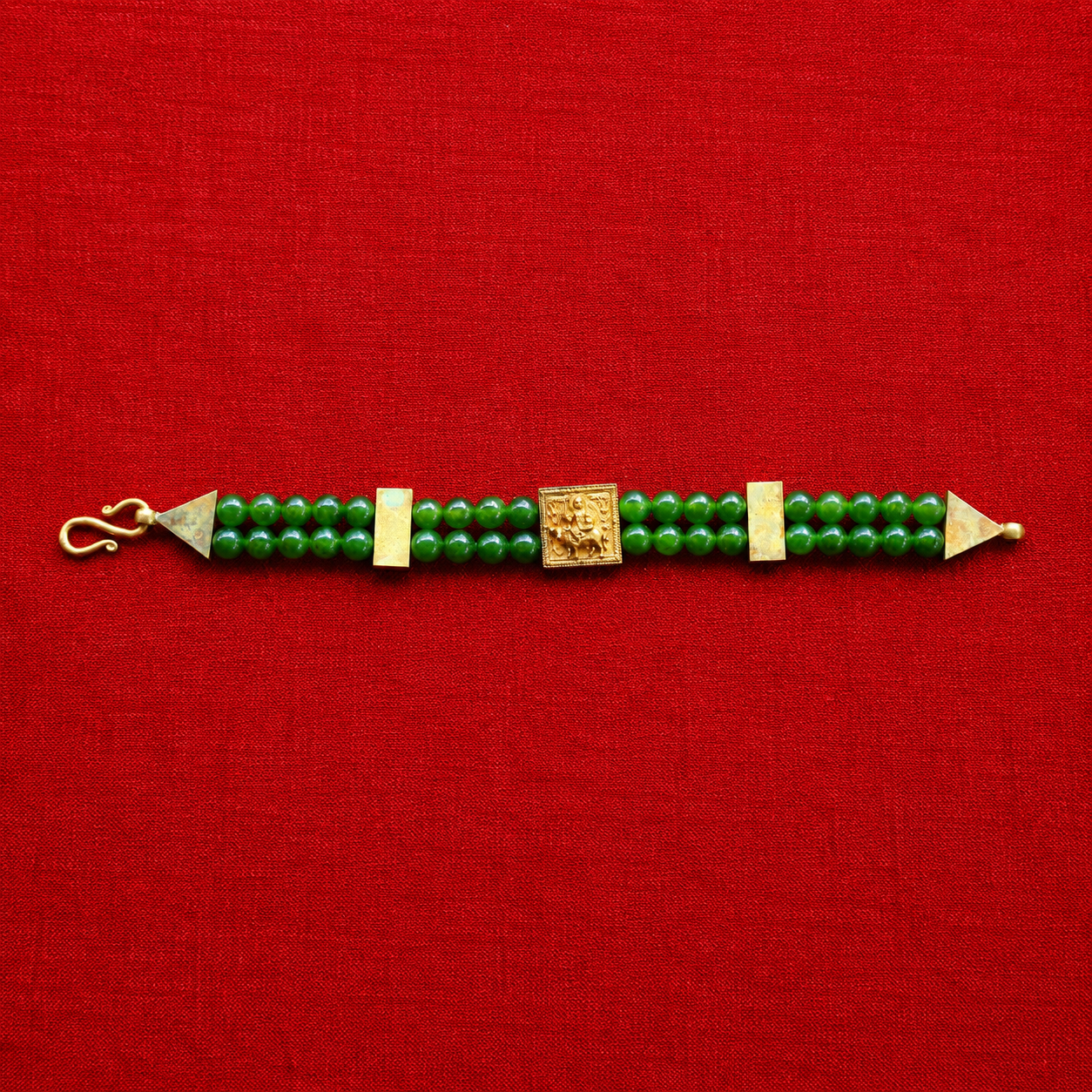 Vishnumaya Green Jade Double-Strand Bracelet with Gold Centerpiece | Handmade Spiritual Protection Bracelet