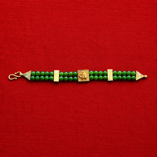 Vishnumaya Green Jade Double-Strand Bracelet with Gold Centerpiece | Handmade Spiritual Protection Bracelet