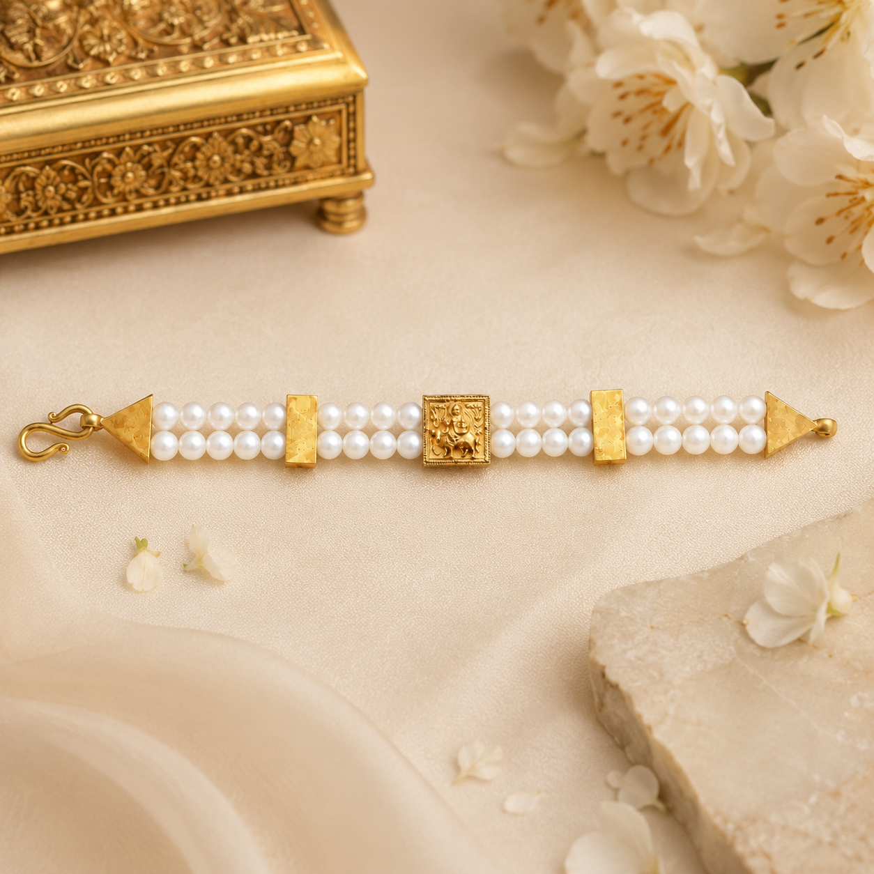 Vishnumaya White Pearl Double-Strand Bracelet with Gold Centerpiece | Handmade Spiritual Devotional Jewelry