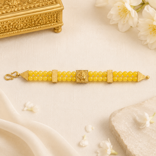 Vishnumaya/ganapati Yellow Jade Double-Strand Bracelet with panchaloha Centerpiece | Handmade Spiritual Protection Bracelet
