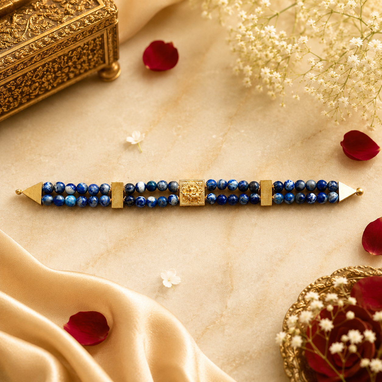 Vishnumaya Blue Lapis Double-Strand Bracelet with Gold Centerpiece | Handmade Spiritual Protection Bracelet