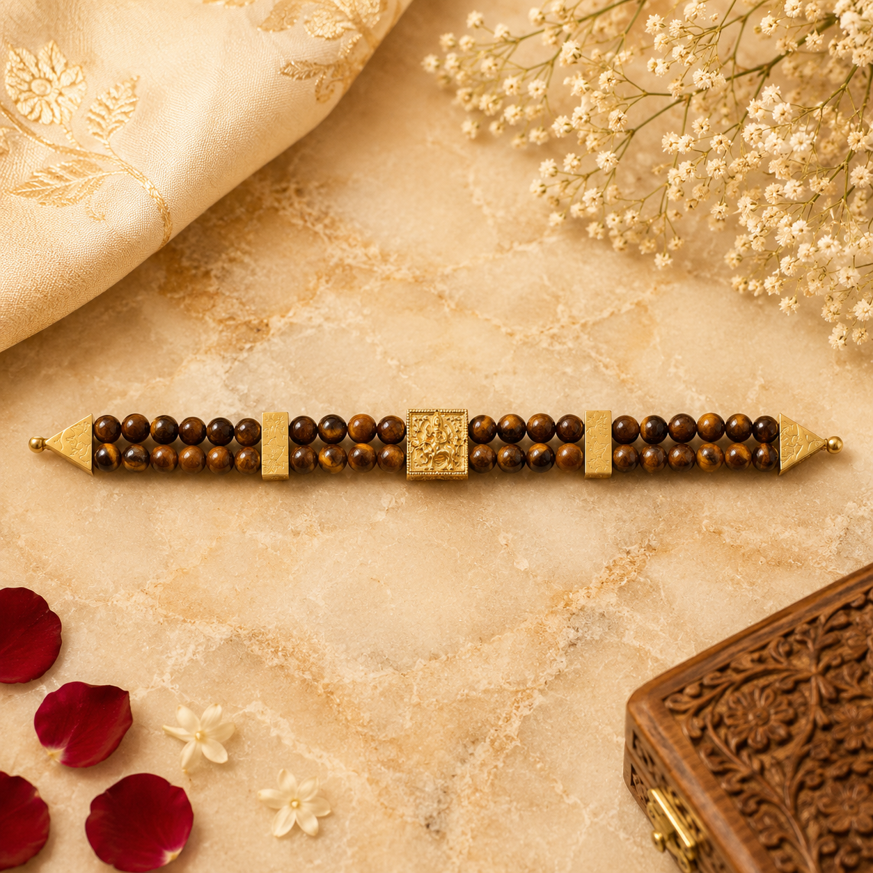 Vishnumaya Tiger Eye Double-Strand Bracelet with Gold Centerpiece | Handmade Spiritual Protection Bracelet