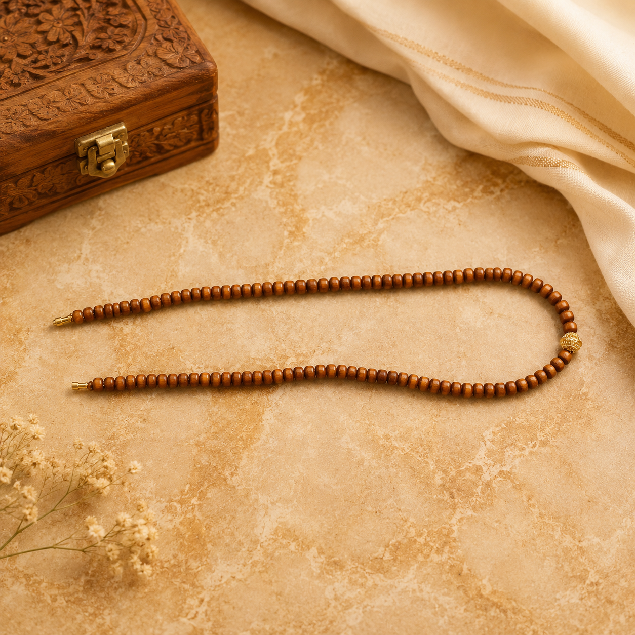 Handcrafted Wooden Bead Mala Necklace with Gold Accent Bead | Traditional Spiritual Prayer Necklace