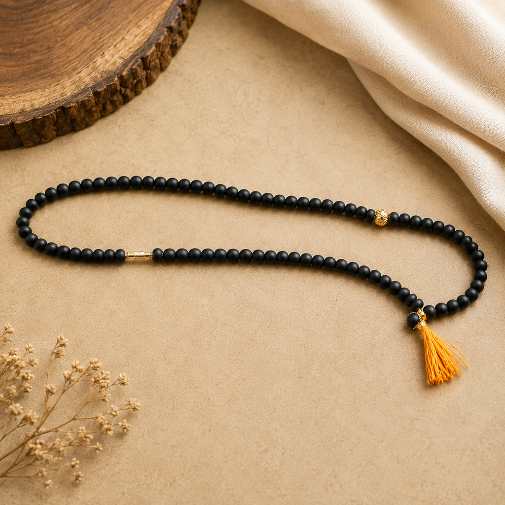 Black Wooden Mala Necklace with Golden Tassel | Handmade Spiritual Prayer Beads Necklace