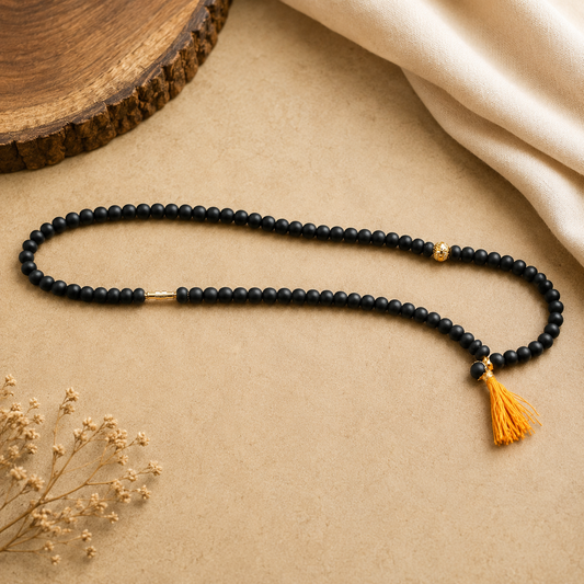 Black Wooden Mala Necklace with Golden Tassel | Handmade Spiritual Prayer Beads Necklace