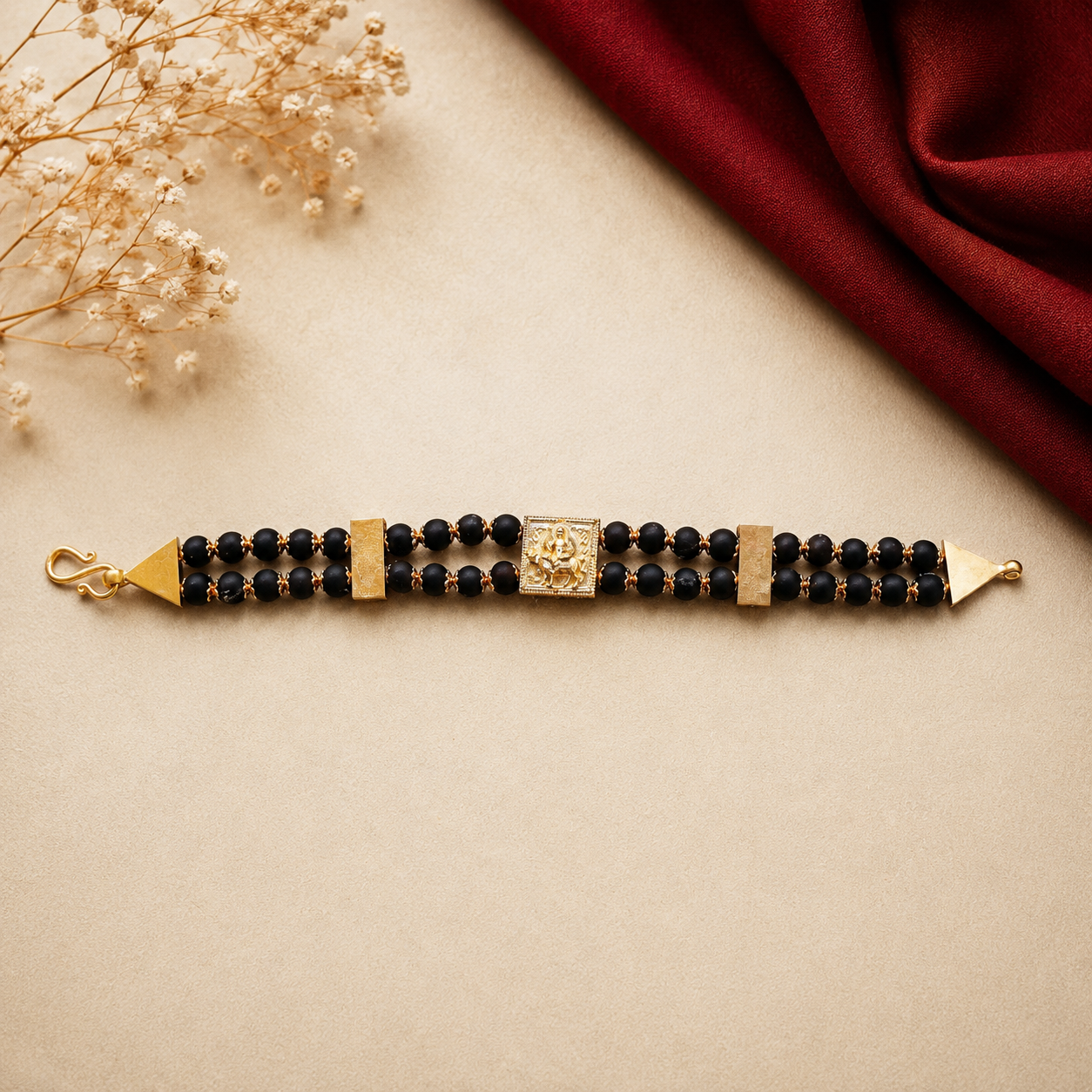 Karungali Double-Strand Bracelet with Ganapathi Centerpiece