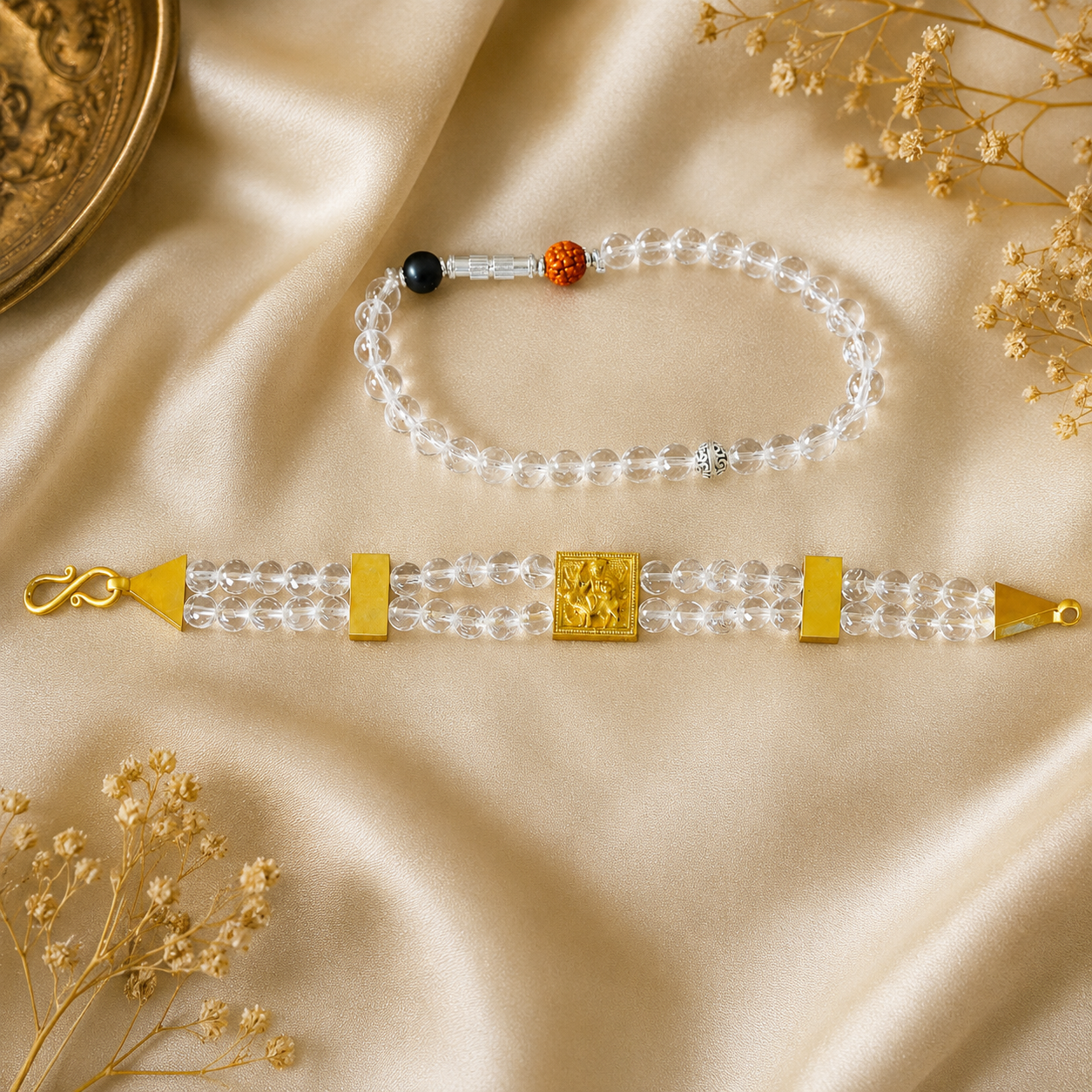 Crystal Quartz Double Layer Bracelet with Gold-Plated Ganapathi Centerpiece