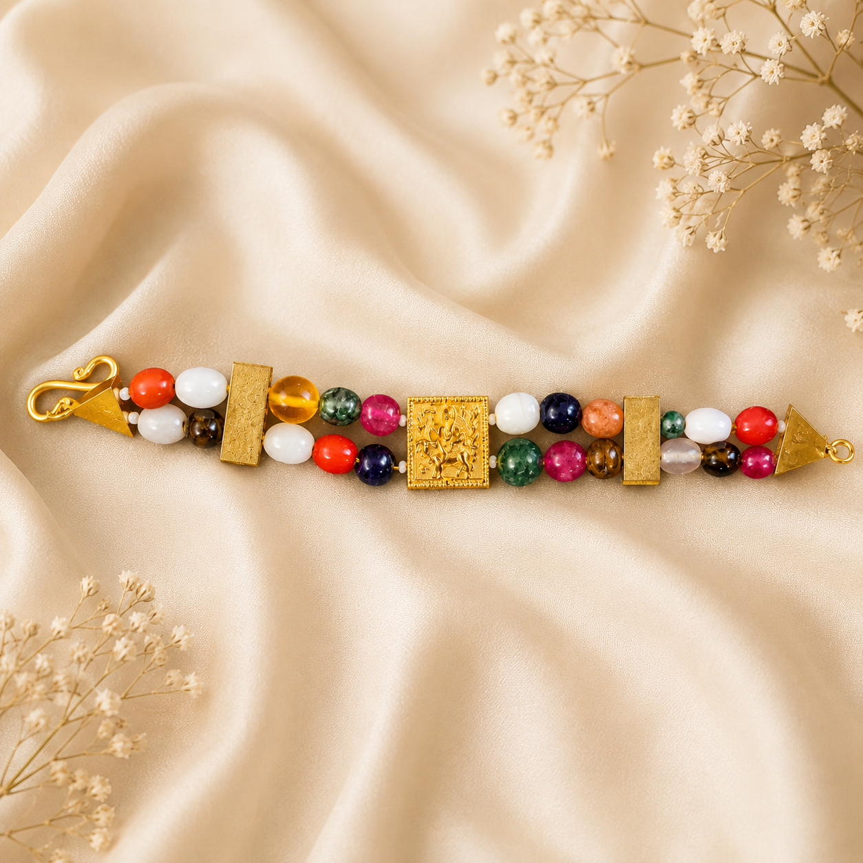 Navaratna Gemstone Bracelet with Gold-Plated Ganapathi Centerpiece