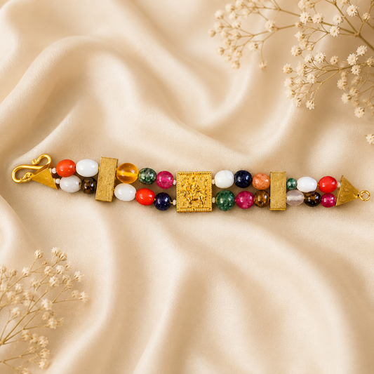 Navaratna Gemstone Bracelet with Gold-Plated Ganapathi Centerpiece