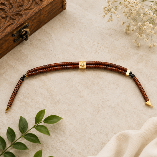Karungali Double-Layer Bracelet with Gold-Plated Ganapathi Centerpiece