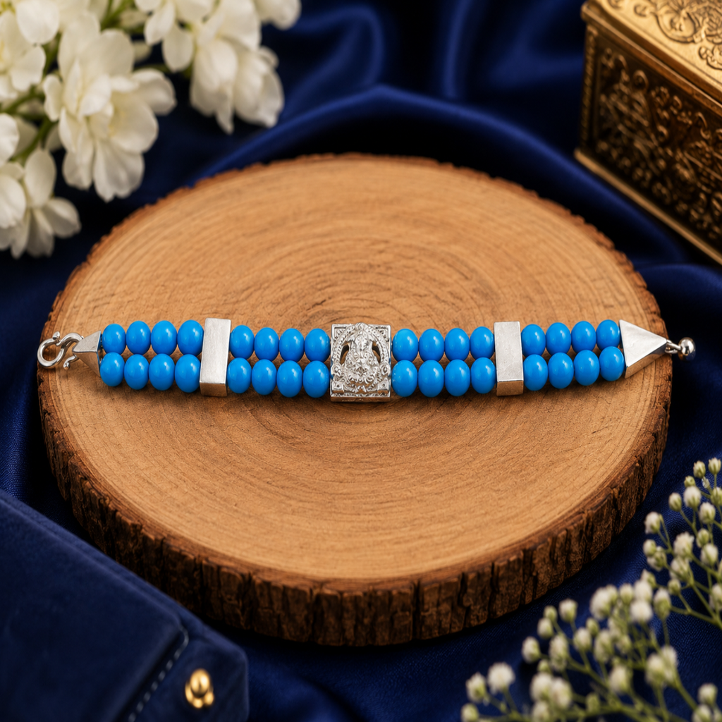 Shree Ganesha Sky Blue Bracelet – Handmade Spiritual Beaded Bracelet for Men