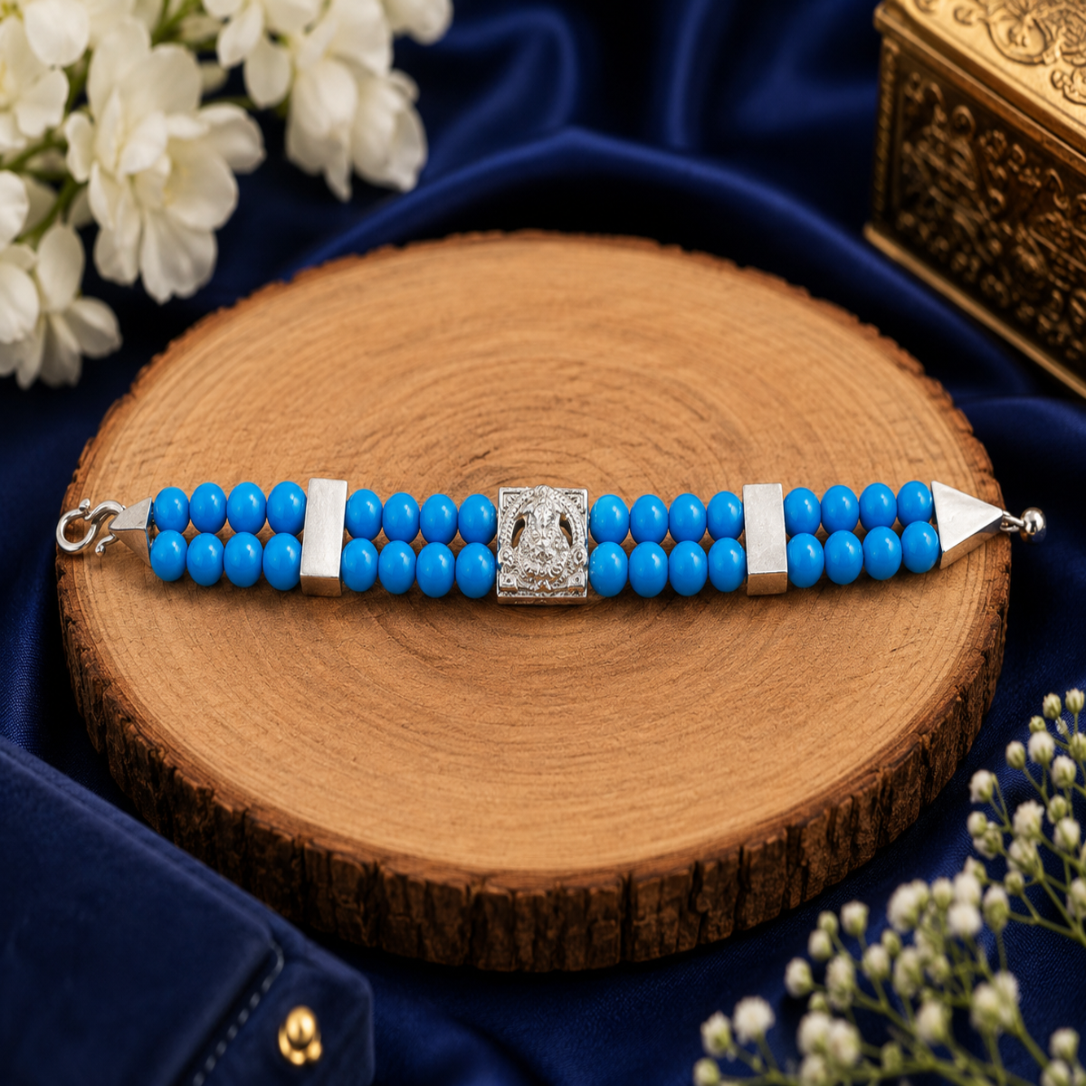 Shree Ganesha Sky Blue Bracelet – Handmade Spiritual Beaded Bracelet for Men