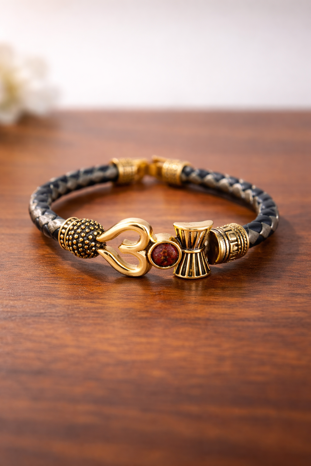 Divine Om & Tripundra Rudraksha Leather Bracelet – Gold Tone Spiritual Kada for Men