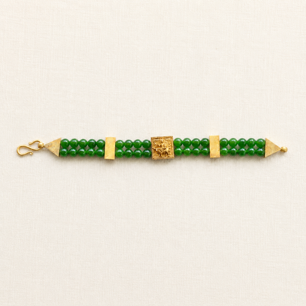 Vishnumaya Green Jade Double-Strand Bracelet with Gold Centerpiece | Handmade Spiritual Protection Bracelet
