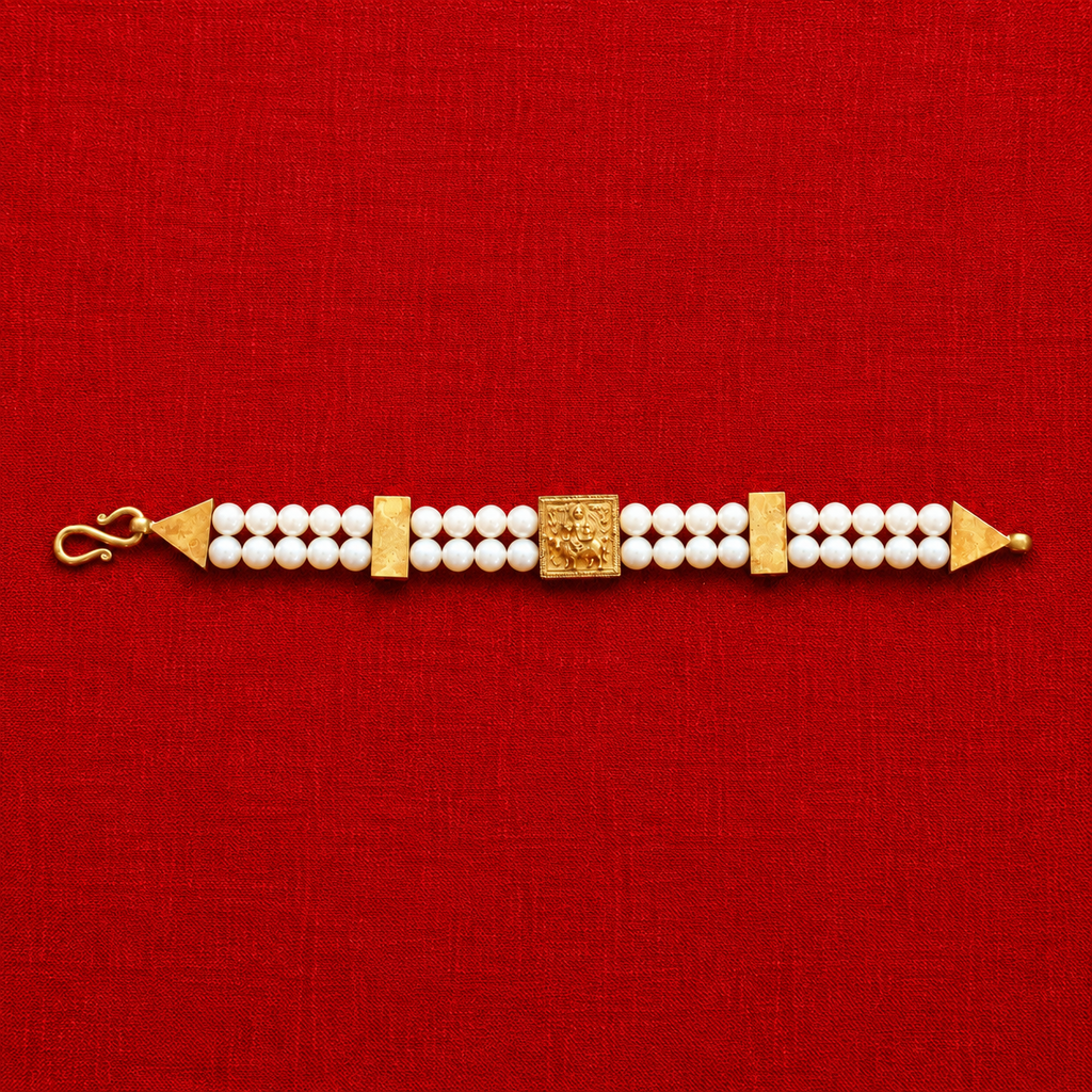Vishnumaya White Pearl Double-Strand Bracelet with Gold Centerpiece | Handmade Spiritual Devotional Jewelry