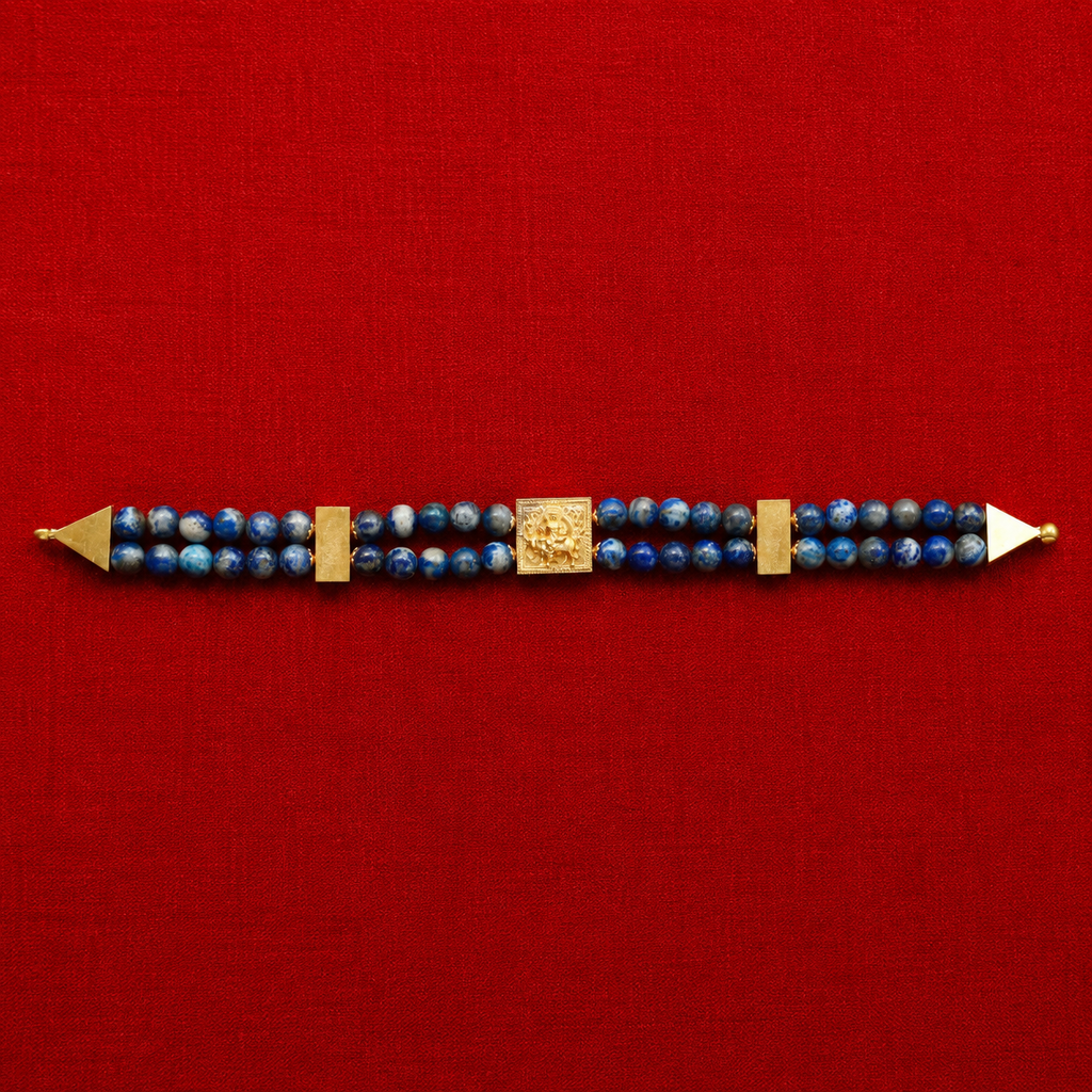 Vishnumaya Blue Lapis Double-Strand Bracelet with Gold Centerpiece | Handmade Spiritual Protection Bracelet