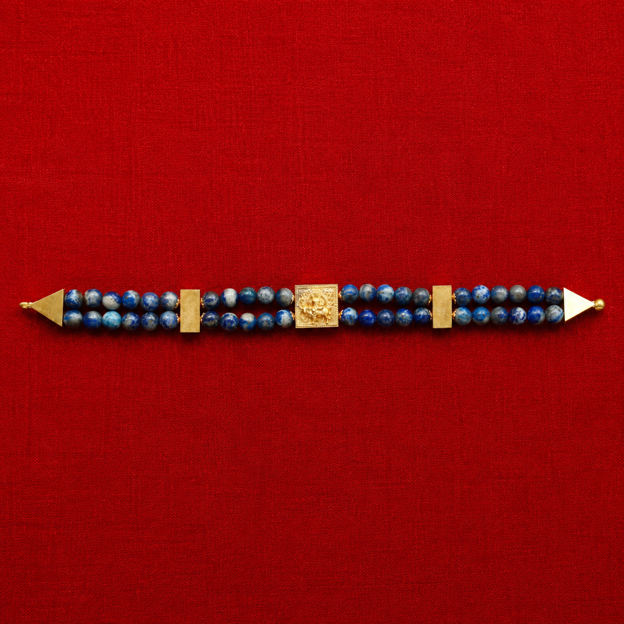 Vishnumaya Blue Lapis Double-Strand Bracelet with Gold Centerpiece | Handmade Spiritual Protection Bracelet