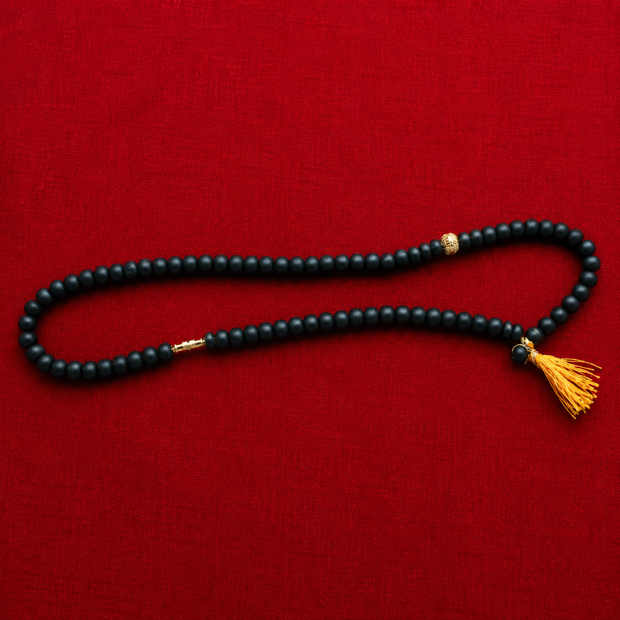 Black Wooden Mala Necklace with Golden Tassel | Handmade Spiritual Prayer Beads Necklace