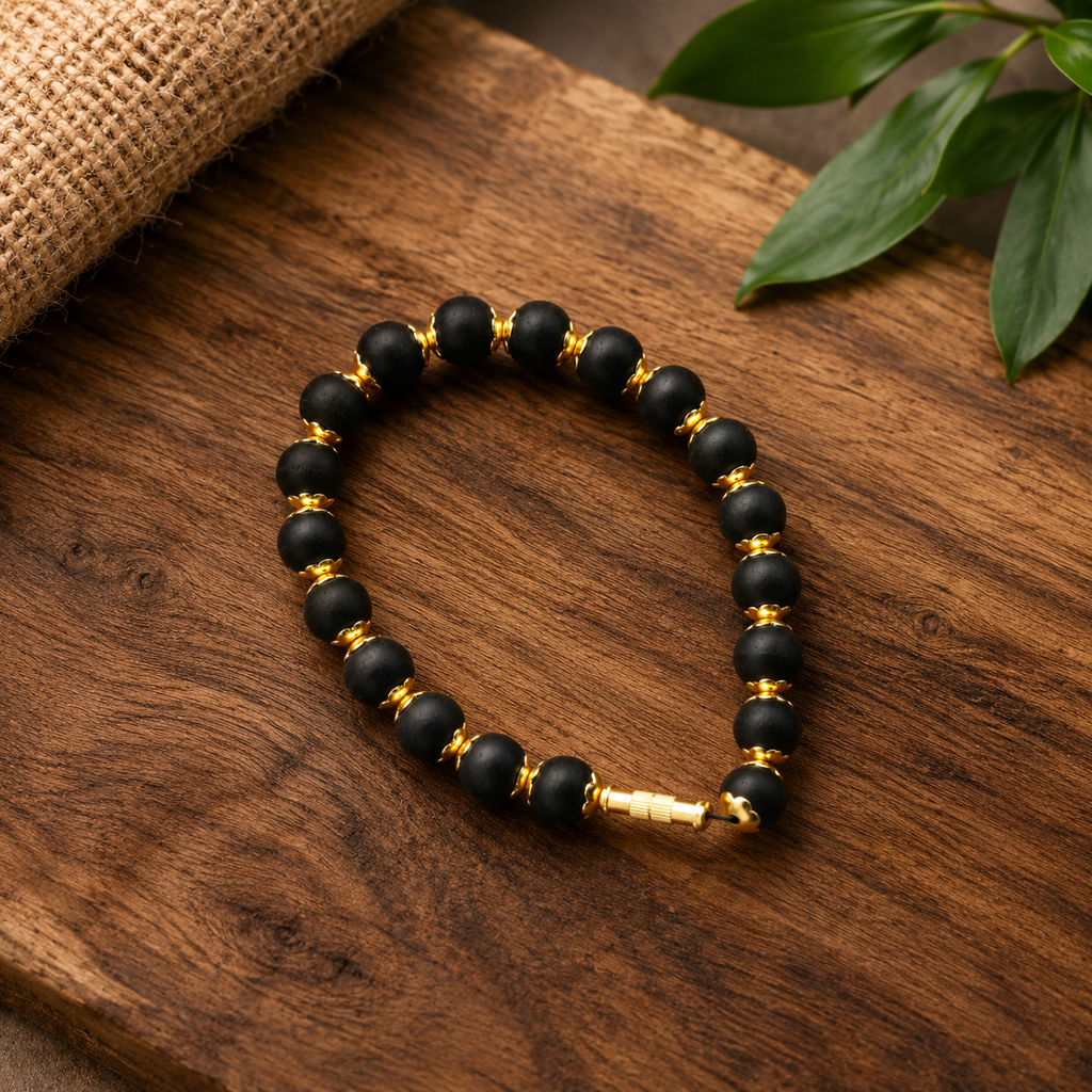 Premium Karungali Bead Bracelet with Gold Accents