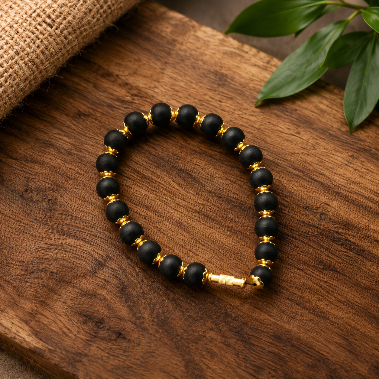 Premium Karungali Bead Bracelet with Gold Accents