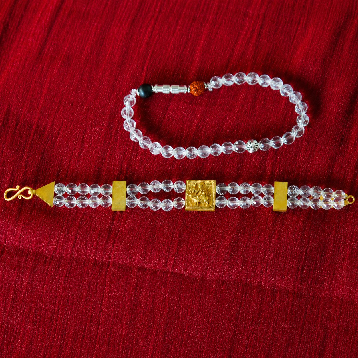 Crystal Quartz Double Layer Bracelet with Gold-Plated Ganapathi Centerpiece