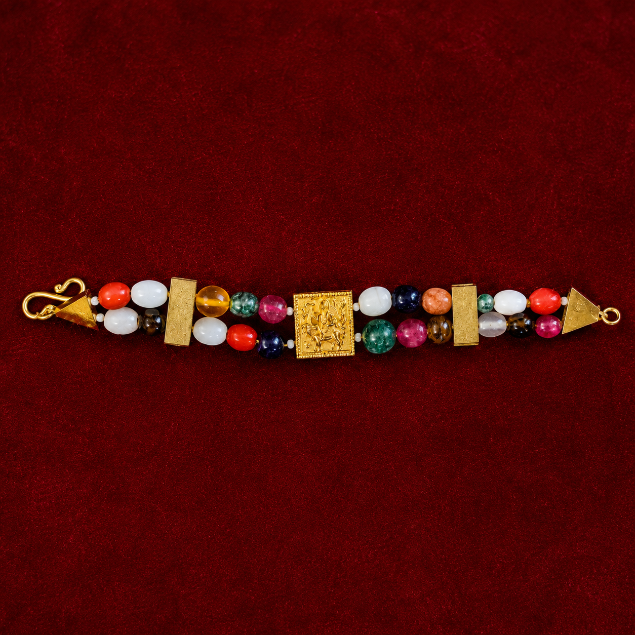 Navaratna Gemstone Bracelet with Gold-Plated Ganapathi Centerpiece