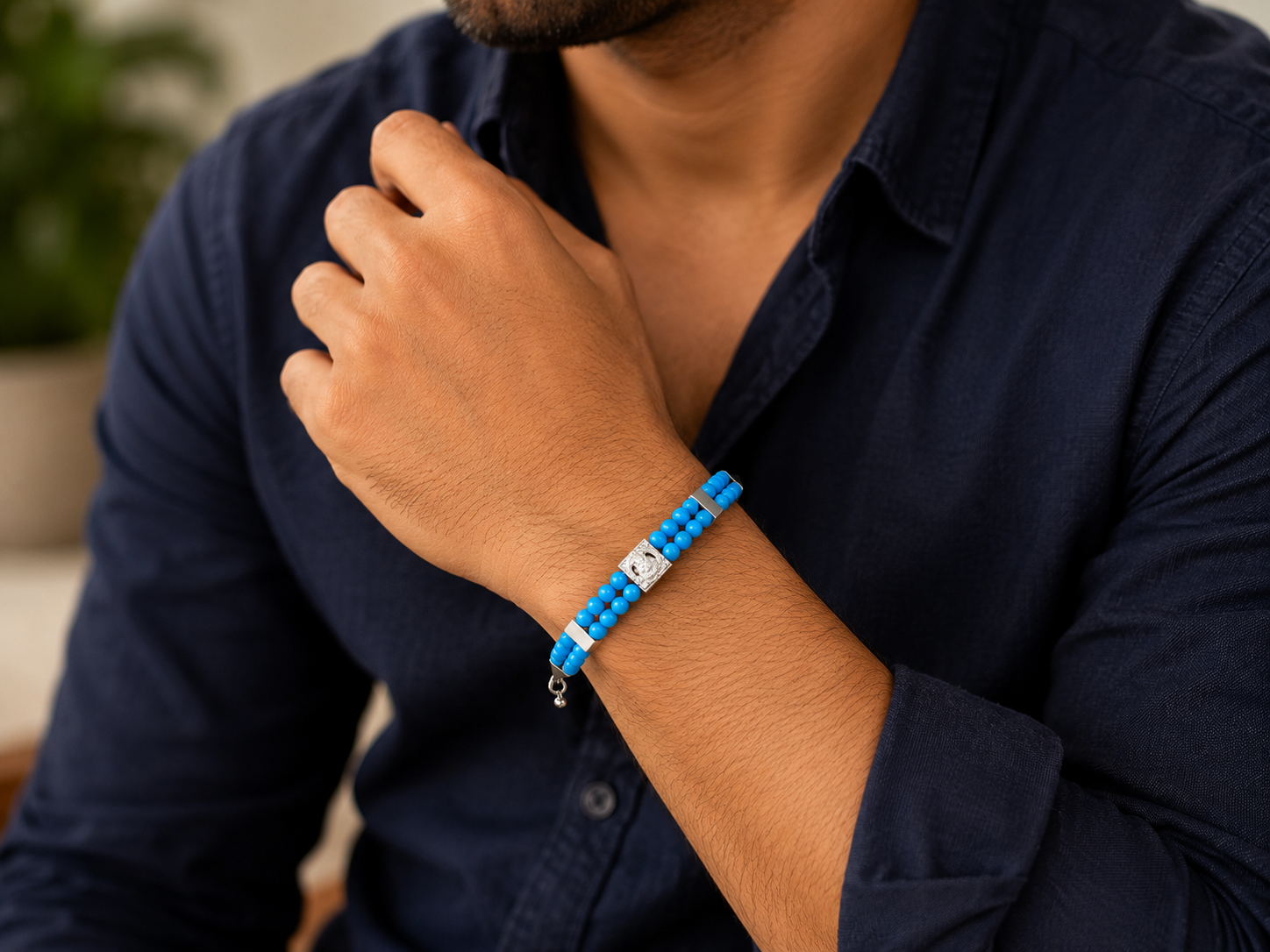 Shree Ganesha Sky Blue Bracelet – Handmade Spiritual Beaded Bracelet for Men