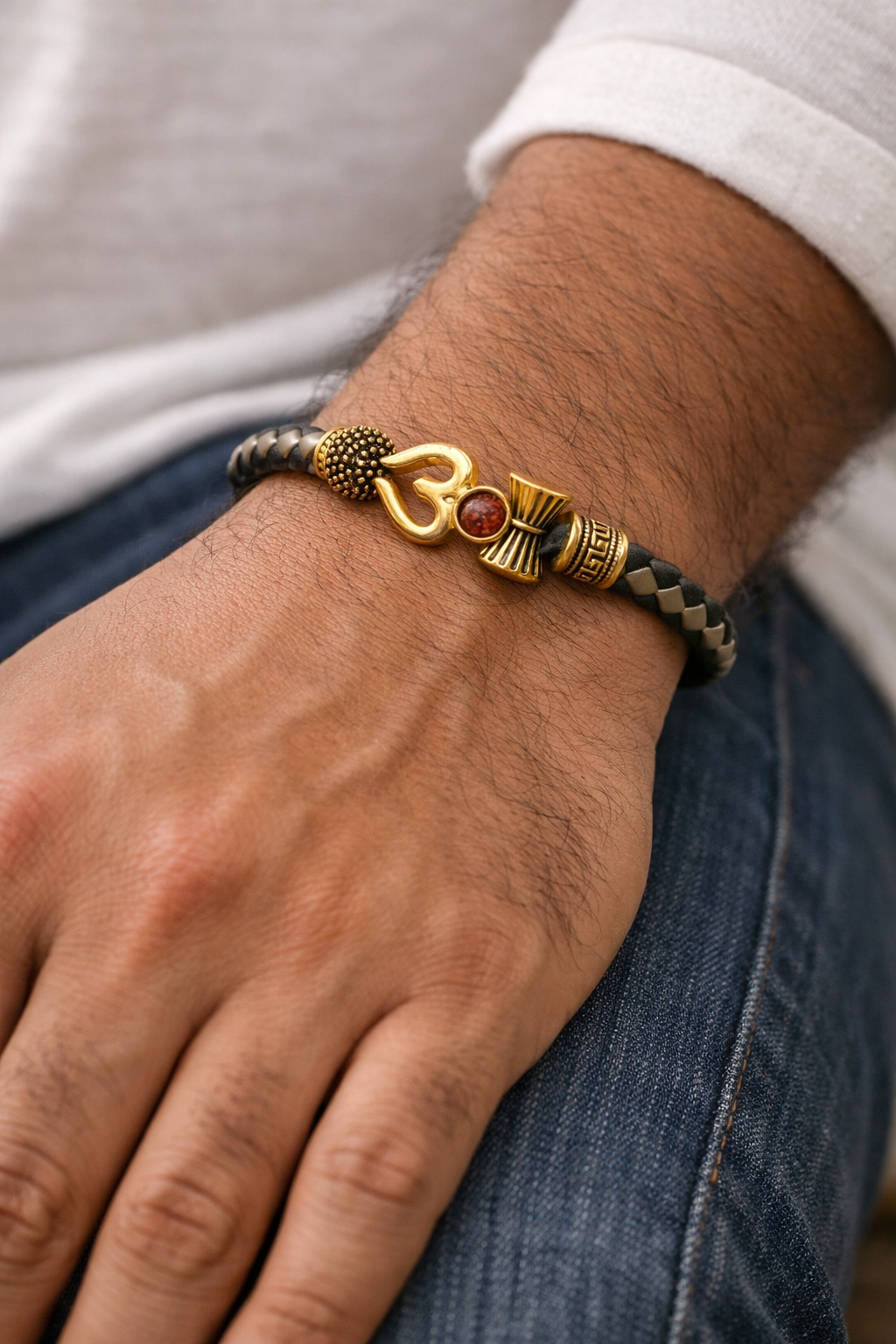 Divine Om & Tripundra Rudraksha Leather Bracelet – Gold Tone Spiritual Kada for Men