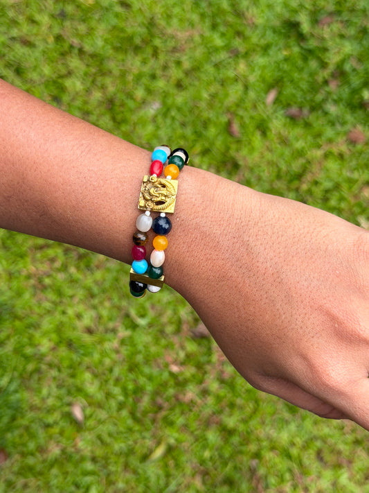 Gold Ganesha Charm Multicolor Bead Bracelet
