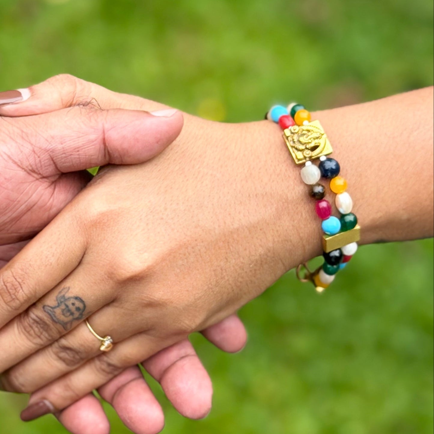 Gold Ganesha Charm Multicolor Bead Bracelet