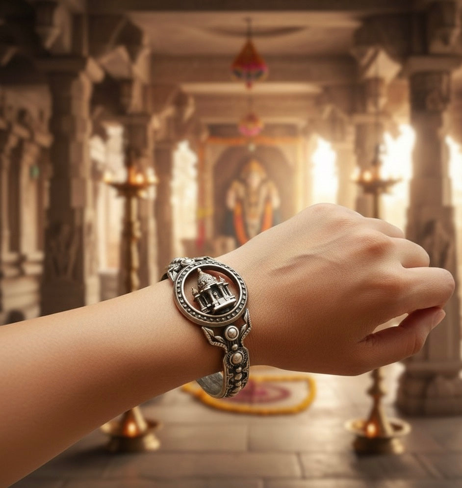 Antique Silver Temple Miniature Cuff Bracelet - Heritage Architectural Design