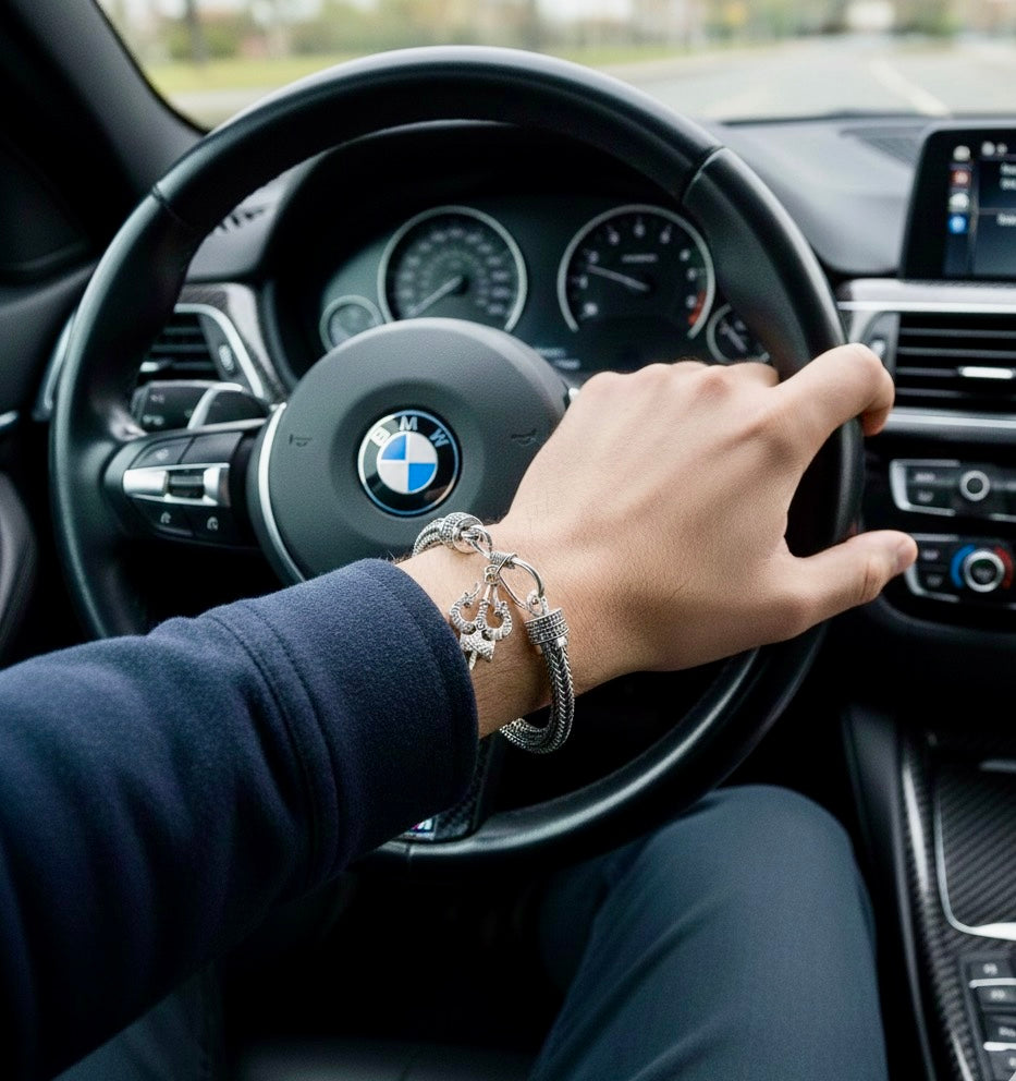 Oxidized Silver Tribal Kada Bracelet for Men with Warrior Pendant