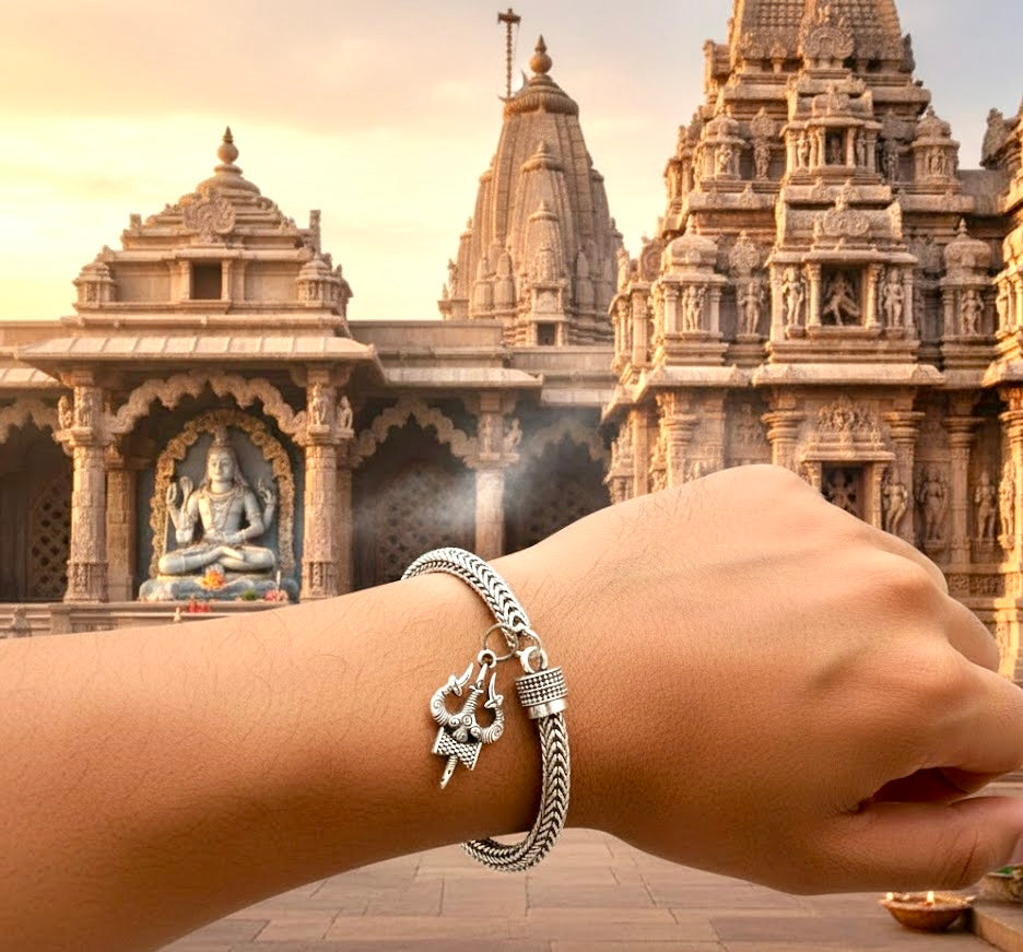 Oxidized Silver Tribal Kada Bracelet for Men with Warrior Pendant