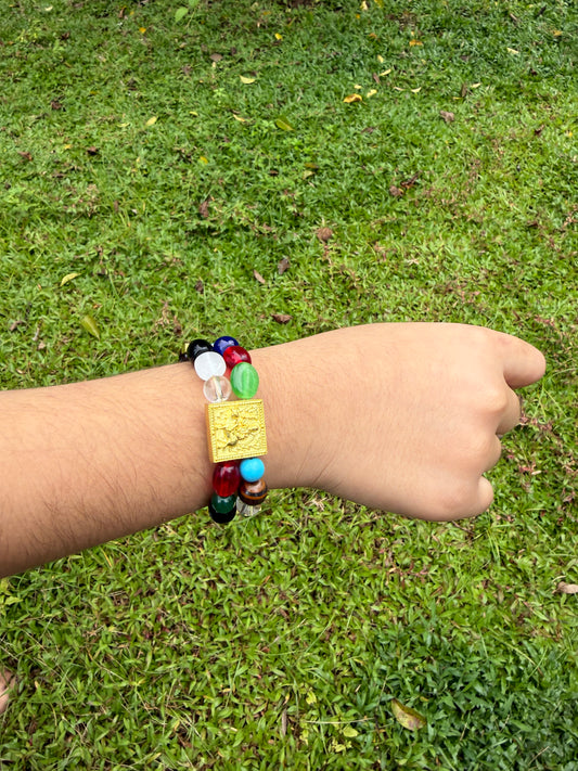Multicolor Gemstone Bracelet with Gold Floral Charm