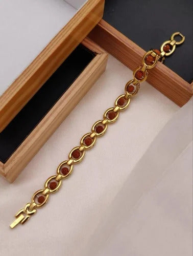 Elegant Gold-Plated Link Bracelet with Brown Stone Accents