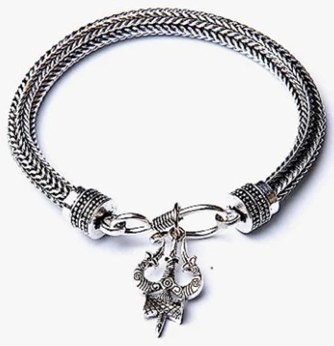 Oxidized Silver Tribal Kada Bracelet for Men with Warrior Pendant