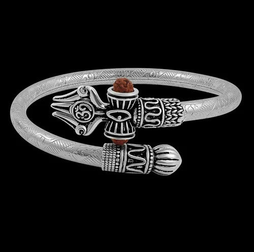 Antique Silver Trishul Rudraksha Kada Bracelet – Adjustable Unisex Design