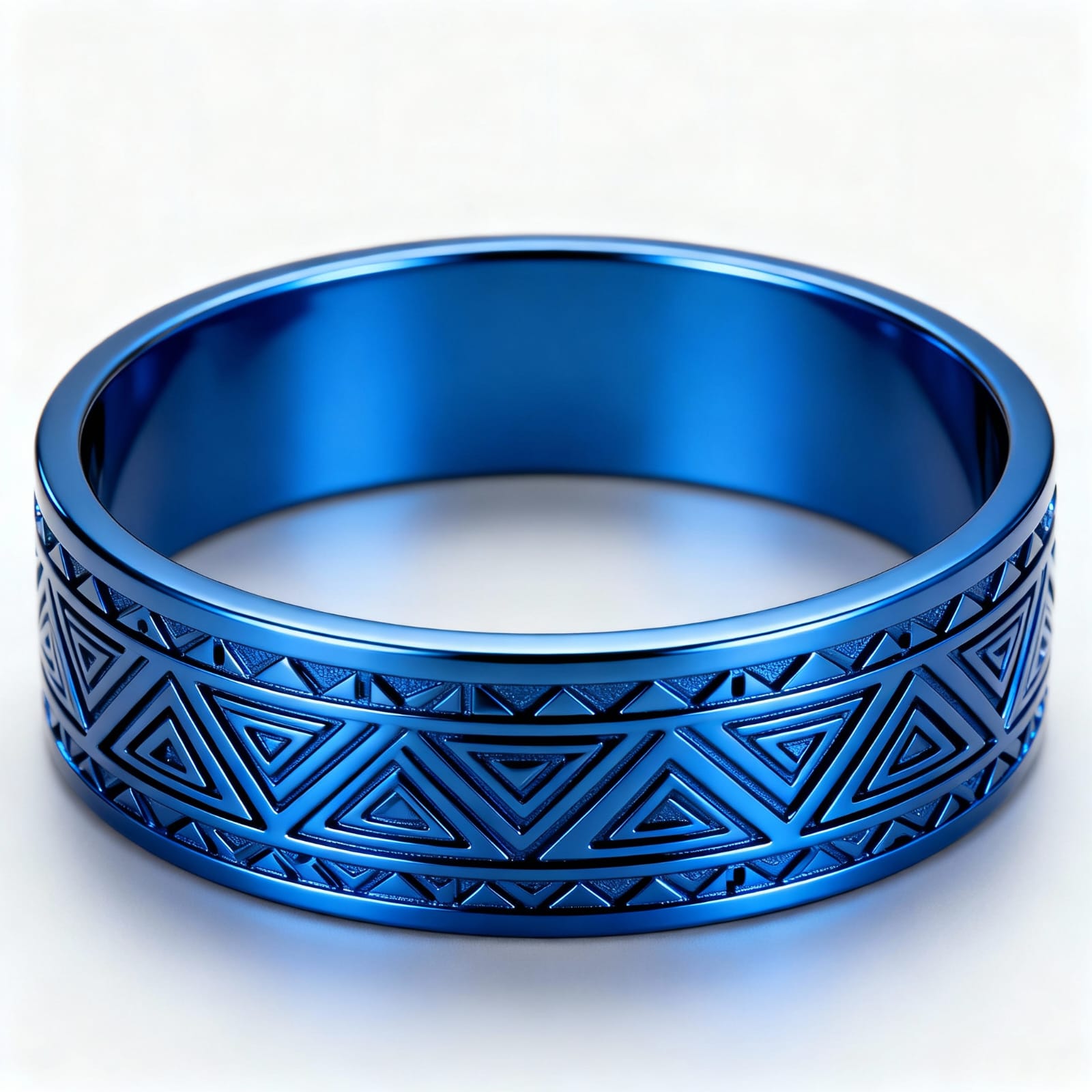 Electric Blue Geometric Engraved Band Ring - Aztec/Tribal Pattern