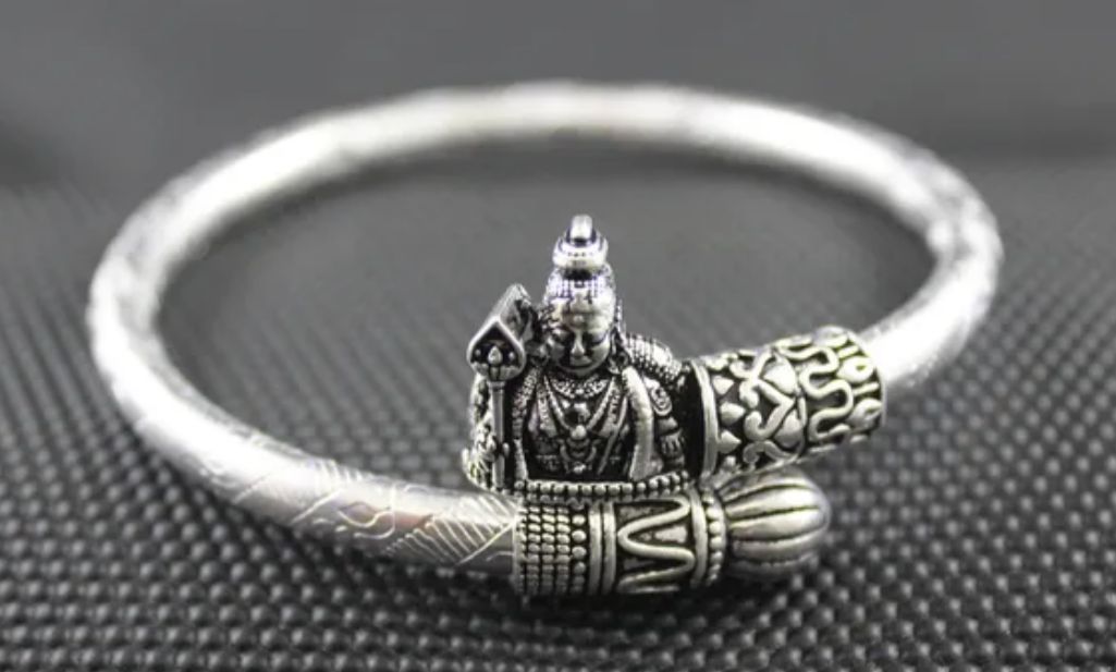Divine Shiva Trishula Cuff Bracelet - Engraved Antique Silver Bangle