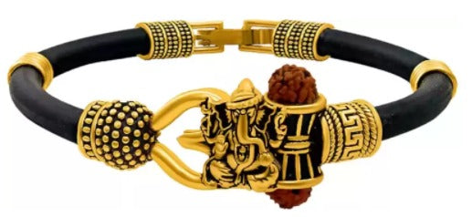 Divine Ganesha & Rudraksha Bead Black Rope Bracelet - Gold-Tone Spiritual Jewelry