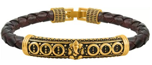 Regal Braided Leather Bracelet with Gold-Tone Textured Bar