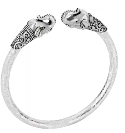 Majestic Elephant Head Cuff Bangle - Engraved Antique Silver Finish