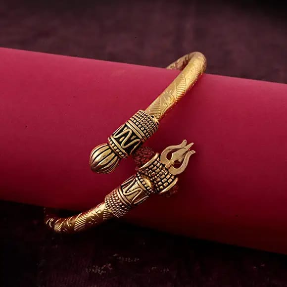 Ornate Antique Gold-Tone Trishula Open Cuff Bangle - Textured Ethnic Design
