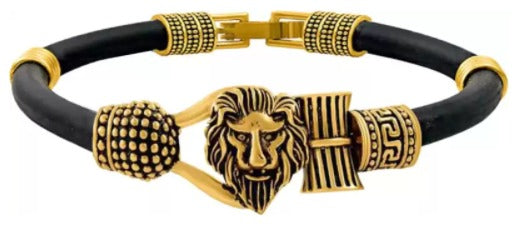 King of the Jungle: Lion Head Black Band Bracelet - Antique Gold Finish