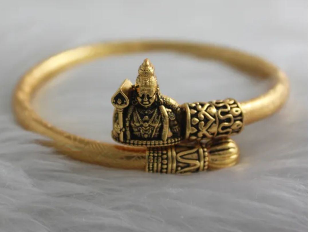 Antique Gold Deity Cuff Bangle - Lord Murugan/Kartikeya Spiritual Jewelry