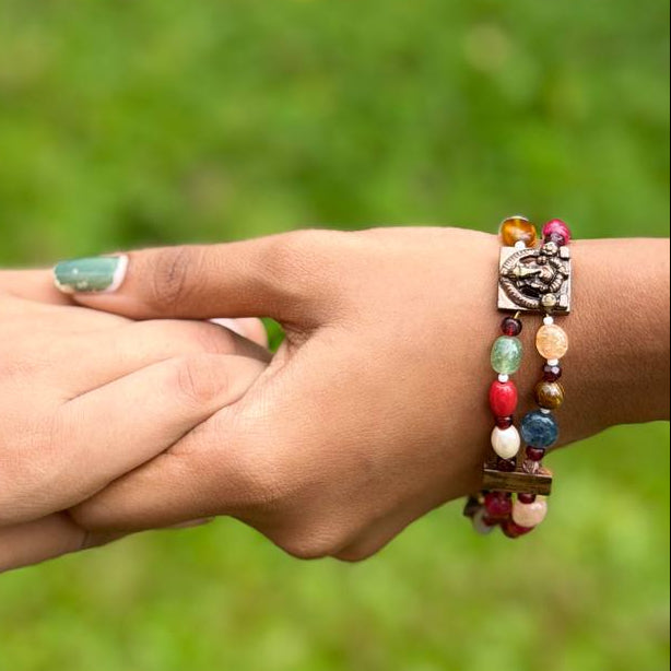 Multicolor Gemstone Bracelet with Bronze Charm